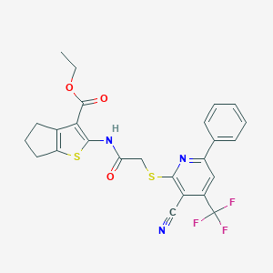 ethyl 2-[[2-[3-cyano-6-phenyl-4-(trifluoromethyl)pyridin-2-yl]sulfanylacetyl]amino]-5,6-dihydro-4H-cyclopenta[b]thiophene-3-carboxylate