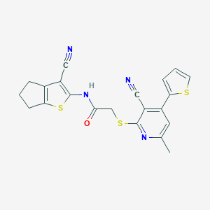 molecular formula C21H16N4OS3 B460171 N-(3-cyano-5,6-dihydro-4H-cyclopenta[b]thiophen-2-yl)-2-(3-cyano-6-methyl-4-thiophen-2-ylpyridin-2-yl)sulfanylacetamide CAS No. 445383-27-7
