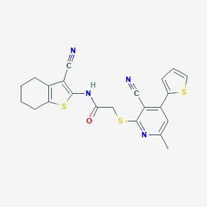 molecular formula C22H18N4OS3 B460173 2-(3-cyano-6-methyl-4-thiophen-2-ylpyridin-2-yl)sulfanyl-N-(3-cyano-4,5,6,7-tetrahydro-1-benzothiophen-2-yl)acetamide CAS No. 445383-28-8