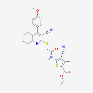 molecular formula C28H26N4O4S2 B460174 Ethyl 4-cyano-5-[[2-[[3-cyano-4-(4-methoxyphenyl)-5,6,7,8-tetrahydroquinolin-2-yl]sulfanyl]acetyl]amino]-3-methylthiophene-2-carboxylate CAS No. 445383-32-4