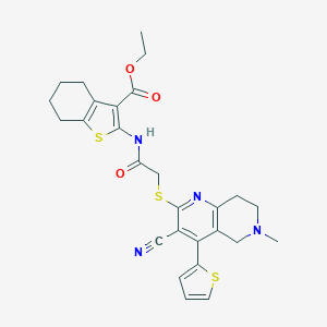 molecular formula C27H28N4O3S3 B460177 ethyl 2-[[2-[(3-cyano-6-methyl-4-thiophen-2-yl-7,8-dihydro-5H-1,6-naphthyridin-2-yl)sulfanyl]acetyl]amino]-4,5,6,7-tetrahydro-1-benzothiophene-3-carboxylate CAS No. 445383-33-5