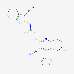molecular formula C25H23N5OS3 B460178 2-[(3-cyano-6-methyl-4-thiophen-2-yl-7,8-dihydro-5H-1,6-naphthyridin-2-yl)sulfanyl]-N-(3-cyano-4,5,6,7-tetrahydro-1-benzothiophen-2-yl)acetamide CAS No. 445383-36-8