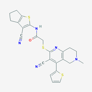 molecular formula C24H21N5OS3 B460179 N-(3-cyano-5,6-dihydro-4H-cyclopenta[b]thiophen-2-yl)-2-[(3-cyano-6-methyl-4-thiophen-2-yl-7,8-dihydro-5H-1,6-naphthyridin-2-yl)sulfanyl]acetamide CAS No. 445383-35-7