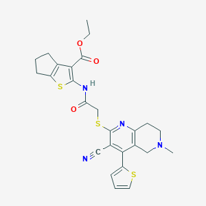 molecular formula C26H26N4O3S3 B460180 ethyl 2-[[2-[(3-cyano-6-methyl-4-thiophen-2-yl-7,8-dihydro-5H-1,6-naphthyridin-2-yl)sulfanyl]acetyl]amino]-5,6-dihydro-4H-cyclopenta[b]thiophene-3-carboxylate CAS No. 445383-34-6