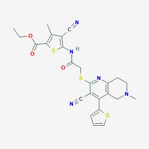 molecular formula C25H23N5O3S3 B460181 ethyl 4-cyano-5-[[2-[(3-cyano-6-methyl-4-thiophen-2-yl-7,8-dihydro-5H-1,6-naphthyridin-2-yl)sulfanyl]acetyl]amino]-3-methylthiophene-2-carboxylate CAS No. 445383-37-9