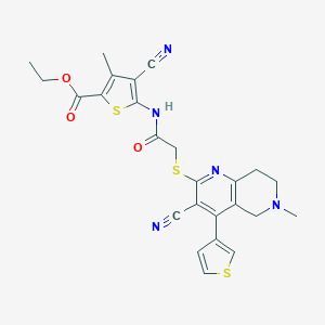 molecular formula C25H23N5O3S3 B460182 ethyl 4-cyano-5-[[2-[(3-cyano-6-methyl-4-thiophen-3-yl-7,8-dihydro-5H-1,6-naphthyridin-2-yl)sulfanyl]acetyl]amino]-3-methylthiophene-2-carboxylate CAS No. 496774-04-0