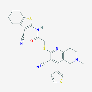 molecular formula C25H23N5OS3 B460183 2-[(3-cyano-6-methyl-4-thiophen-3-yl-7,8-dihydro-5H-1,6-naphthyridin-2-yl)sulfanyl]-N-(3-cyano-4,5,6,7-tetrahydro-1-benzothiophen-2-yl)acetamide CAS No. 445383-39-1