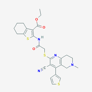 molecular formula C27H28N4O3S3 B460184 2-[[2-[(3-氰基-6-甲基-4-噻吩-3-基-7,8-二氢-5H-1,6-萘啶-2-基)硫代]乙酰]氨基]-4,5,6,7-四氢-1-苯并噻吩-3-甲酸乙酯 CAS No. 387831-30-3