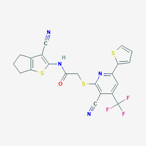 molecular formula C21H13F3N4OS3 B460185 N-(3-cyano-5,6-dihydro-4H-cyclopenta[b]thiophen-2-yl)-2-[3-cyano-6-thiophen-2-yl-4-(trifluoromethyl)pyridin-2-yl]sulfanylacetamide CAS No. 445383-44-8