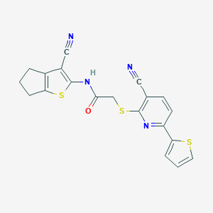molecular formula C20H14N4OS3 B460186 N-(3-cyano-5,6-dihydro-4H-cyclopenta[b]thiophen-2-yl)-2-(3-cyano-6-thiophen-2-ylpyridin-2-yl)sulfanylacetamide CAS No. 445383-43-7