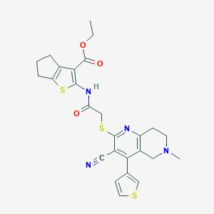 molecular formula C26H26N4O3S3 B460187 ethyl 2-[[2-[(3-cyano-6-methyl-4-thiophen-3-yl-7,8-dihydro-5H-1,6-naphthyridin-2-yl)sulfanyl]acetyl]amino]-5,6-dihydro-4H-cyclopenta[b]thiophene-3-carboxylate CAS No. 445383-38-0