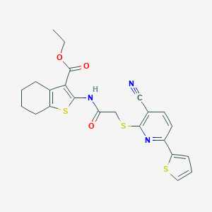 molecular formula C23H21N3O3S3 B460188 Ethyl 2-[[2-(3-cyano-6-thiophen-2-ylpyridin-2-yl)sulfanylacetyl]amino]-4,5,6,7-tetrahydro-1-benzothiophene-3-carboxylate CAS No. 445383-42-6