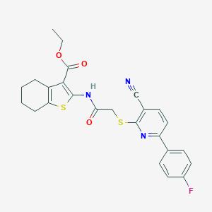 molecular formula C25H22FN3O3S2 B460189 Ethyl 2-[[2-[3-cyano-6-(4-fluorophenyl)pyridin-2-yl]sulfanylacetyl]amino]-4,5,6,7-tetrahydro-1-benzothiophene-3-carboxylate CAS No. 497247-35-5
