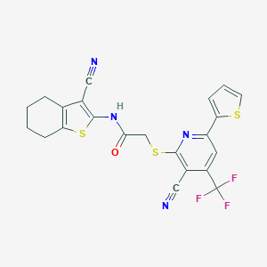 molecular formula C22H15F3N4OS3 B460191 N-(3-cyano-4,5,6,7-tetrahydro-1-benzothiophen-2-yl)-2-[3-cyano-6-thiophen-2-yl-4-(trifluoromethyl)pyridin-2-yl]sulfanylacetamide CAS No. 445383-45-9