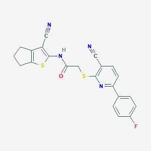 molecular formula C22H15FN4OS2 B460192 N-(3-cyano-5,6-dihydro-4H-cyclopenta[b]thiophen-2-yl)-2-[3-cyano-6-(4-fluorophenyl)pyridin-2-yl]sulfanylacetamide CAS No. 496797-66-1