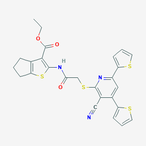 molecular formula C26H21N3O3S4 B460193 ethyl 2-[({[3-cyano-4,6-di(2-thienyl)-2-pyridinyl]sulfanyl}acetyl)amino]-5,6-dihydro-4H-cyclopenta[b]thiophene-3-carboxylate 