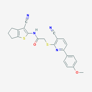 molecular formula C23H18N4O2S2 B460194 N-(3-cyano-5,6-dihydro-4H-cyclopenta[b]thiophen-2-yl)-2-[3-cyano-6-(4-methoxyphenyl)pyridin-2-yl]sulfanylacetamide CAS No. 488735-04-2