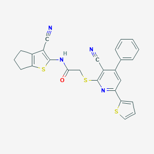 molecular formula C26H18N4OS3 B460195 N-(3-cyano-5,6-dihydro-4H-cyclopenta[b]thiophen-2-yl)-2-(3-cyano-4-phenyl-6-thiophen-2-ylpyridin-2-yl)sulfanylacetamide CAS No. 500144-60-5