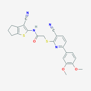 molecular formula C24H20N4O3S2 B460196 N-(3-cyano-5,6-dihydro-4H-cyclopenta[b]thiophen-2-yl)-2-[3-cyano-6-(3,4-dimethoxyphenyl)pyridin-2-yl]sulfanylacetamide CAS No. 497941-28-3