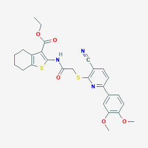 molecular formula C27H27N3O5S2 B460197 Ethyl 2-[[2-[3-cyano-6-(3,4-dimethoxyphenyl)pyridin-2-yl]sulfanylacetyl]amino]-4,5,6,7-tetrahydro-1-benzothiophene-3-carboxylate CAS No. 487036-64-6