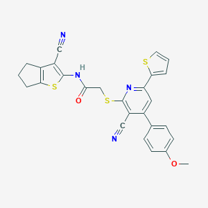 molecular formula C27H20N4O2S3 B460198 N-(3-cyano-5,6-dihydro-4H-cyclopenta[b]thiophen-2-yl)-2-[3-cyano-4-(4-methoxyphenyl)-6-thiophen-2-ylpyridin-2-yl]sulfanylacetamide CAS No. 445383-51-7