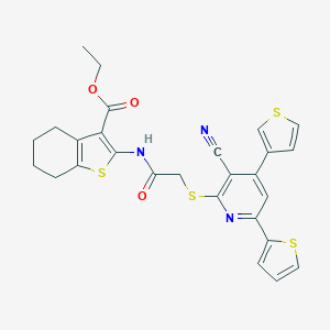 molecular formula C27H23N3O3S4 B460199 Ethyl 2-[({[3-cyano-6-(2-thienyl)-4-(3-thienyl)-2-pyridinyl]sulfanyl}acetyl)amino]-4,5,6,7-tetrahydro-1-benzothiophene-3-carboxylate 
