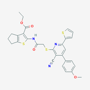 molecular formula C29H25N3O4S3 B460200 ethyl 2-[({[3-cyano-4-(4-methoxyphenyl)-6-(2-thienyl)-2-pyridinyl]sulfanyl}acetyl)amino]-5,6-dihydro-4H-cyclopenta[b]thiophene-3-carboxylate 