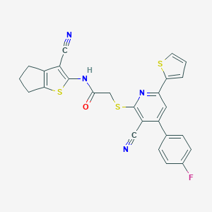 molecular formula C26H17FN4OS3 B460201 N-(3-cyano-5,6-dihydro-4H-cyclopenta[b]thiophen-2-yl)-2-[3-cyano-4-(4-fluorophenyl)-6-thiophen-2-ylpyridin-2-yl]sulfanylacetamide CAS No. 445383-49-3