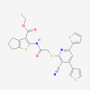 molecular formula C26H21N3O3S4 B460202 ethyl 2-[({[3-cyano-6-(2-thienyl)-4-(3-thienyl)-2-pyridinyl]sulfanyl}acetyl)amino]-5,6-dihydro-4H-cyclopenta[b]thiophene-3-carboxylate 
