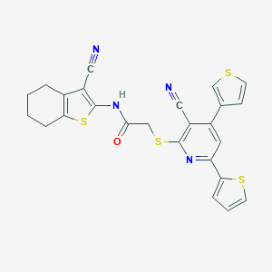 molecular formula C25H18N4OS4 B460203 N-(3-cyano-4,5,6,7-tetrahydro-1-benzothien-2-yl)-2-{[3-cyano-6-(2-thienyl)-4-(3-thienyl)-2-pyridinyl]sulfanyl}acetamide 