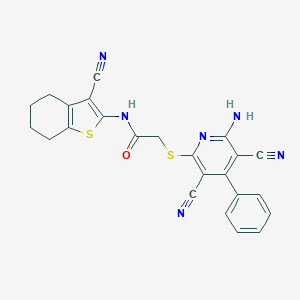 molecular formula C24H18N6OS2 B460204 2-[(6-amino-3,5-dicyano-4-phenyl-2-pyridinyl)sulfanyl]-N-(3-cyano-4,5,6,7-tetrahydro-1-benzothien-2-yl)acetamide 