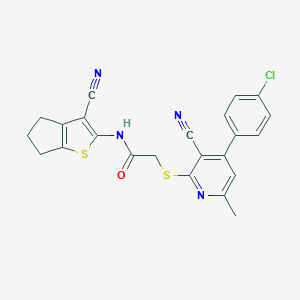 molecular formula C23H17ClN4OS2 B460206 2-[4-(4-chlorophenyl)-3-cyano-6-methylpyridin-2-yl]sulfanyl-N-(3-cyano-5,6-dihydro-4H-cyclopenta[b]thiophen-2-yl)acetamide CAS No. 445383-57-3