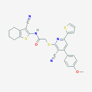 molecular formula C28H22N4O2S3 B460207 2-{[3-cyano-4-(4-methoxyphenyl)-6-(2-thienyl)-2-pyridinyl]sulfanyl}-N-(3-cyano-4,5,6,7-tetrahydro-1-benzothien-2-yl)acetamide 