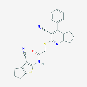 molecular formula C25H20N4OS2 B460209 N-(3-cyano-5,6-dihydro-4H-cyclopenta[b]thiophen-2-yl)-2-[(3-cyano-4-phenyl-6,7-dihydro-5H-cyclopenta[b]pyridin-2-yl)sulfanyl]acetamide CAS No. 496772-90-8