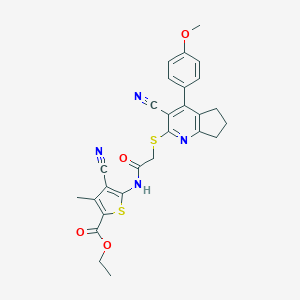 molecular formula C27H24N4O4S2 B460211 ethyl 4-cyano-5-[[2-[[3-cyano-4-(4-methoxyphenyl)-6,7-dihydro-5H-cyclopenta[b]pyridin-2-yl]sulfanyl]acetyl]amino]-3-methylthiophene-2-carboxylate CAS No. 445383-61-9