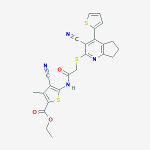 molecular formula C24H20N4O3S3 B460212 ethyl 4-cyano-5-[({[3-cyano-4-(2-thienyl)-6,7-dihydro-5H-cyclopenta[b]pyridin-2-yl]sulfanyl}acetyl)amino]-3-methyl-2-thiophenecarboxylate 