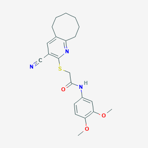 molecular formula C22H25N3O3S B460214 2-[(3-cyano-5,6,7,8,9,10-hexahydrocycloocta[b]pyridin-2-yl)sulfanyl]-N-(3,4-dimethoxyphenyl)acetamide 
