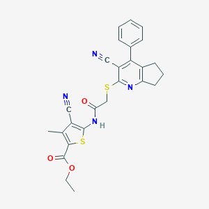 molecular formula C26H22N4O3S2 B460220 ethyl 4-cyano-5-[[2-[(3-cyano-4-phenyl-6,7-dihydro-5H-cyclopenta[b]pyridin-2-yl)sulfanyl]acetyl]amino]-3-methylthiophene-2-carboxylate CAS No. 445383-62-0