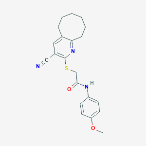 molecular formula C21H23N3O2S B460221 2-[(3-cyano-5,6,7,8,9,10-hexahydrocycloocta[b]pyridin-2-yl)sulfanyl]-N-(4-methoxyphenyl)acetamide CAS No. 444160-96-7