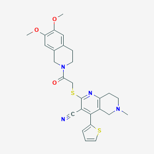 molecular formula C27H28N4O3S2 B460229 2-{[2-(6,7-dimethoxy-3,4-dihydroisoquinolin-2(1H)-yl)-2-oxoethyl]sulfanyl}-6-methyl-4-thien-2-yl-5,6,7,8-tetrahydro[1,6]naphthyridine-3-carbonitrile 
