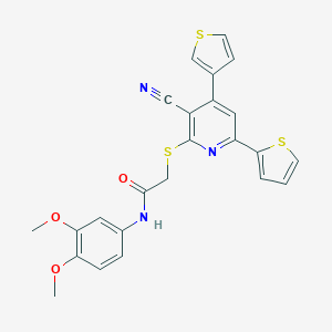 molecular formula C24H19N3O3S3 B460231 2-{[3-cyano-6-(2-thienyl)-4-(3-thienyl)-2-pyridinyl]sulfanyl}-N-(3,4-dimethoxyphenyl)acetamide 