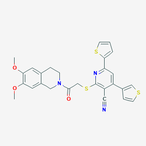 molecular formula C27H23N3O3S3 B460232 2-{[2-(6,7-dimethoxy-3,4-dihydro-2(1H)-isoquinolinyl)-2-oxoethyl]sulfanyl}-6-(2-thienyl)-4-(3-thienyl)nicotinonitrile 