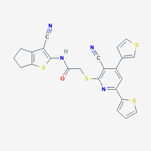 molecular formula C24H16N4OS4 B460235 N-(3-cyano-5,6-dihydro-4H-cyclopenta[b]thiophen-2-yl)-2-(3-cyano-6-thiophen-2-yl-4-thiophen-3-ylpyridin-2-yl)sulfanylacetamide CAS No. 499210-15-0