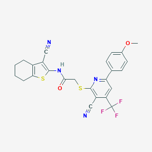 molecular formula C25H19F3N4O2S2 B460238 2-[3-cyano-6-(4-methoxyphenyl)-4-(trifluoromethyl)pyridin-2-yl]sulfanyl-N-(3-cyano-4,5,6,7-tetrahydro-1-benzothiophen-2-yl)acetamide CAS No. 489444-20-4