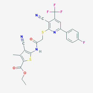 molecular formula C24H16F4N4O3S2 B460240 Ethyl 4-cyano-5-[[2-[3-cyano-6-(4-fluorophenyl)-4-(trifluoromethyl)pyridin-2-yl]sulfanylacetyl]amino]-3-methylthiophene-2-carboxylate CAS No. 499208-69-4
