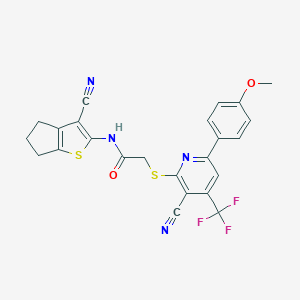 molecular formula C24H17F3N4O2S2 B460242 N-(3-cyano-5,6-dihydro-4H-cyclopenta[b]thiophen-2-yl)-2-[3-cyano-6-(4-methoxyphenyl)-4-(trifluoromethyl)pyridin-2-yl]sulfanylacetamide CAS No. 497940-13-3
