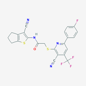 molecular formula C23H14F4N4OS2 B460243 N-(3-cyano-5,6-dihydro-4H-cyclopenta[b]thiophen-2-yl)-2-[3-cyano-6-(4-fluorophenyl)-4-(trifluoromethyl)pyridin-2-yl]sulfanylacetamide CAS No. 488801-72-5
