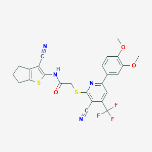 molecular formula C25H19F3N4O3S2 B460244 N-(3-cyano-5,6-dihydro-4H-cyclopenta[b]thiophen-2-yl)-2-[3-cyano-6-(3,4-dimethoxyphenyl)-4-(trifluoromethyl)pyridin-2-yl]sulfanylacetamide CAS No. 625369-48-4