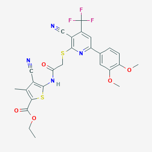 molecular formula C26H21F3N4O5S2 B460245 Ethyl 4-cyano-5-[[2-[3-cyano-6-(3,4-dimethoxyphenyl)-4-(trifluoromethyl)pyridin-2-yl]sulfanylacetyl]amino]-3-methylthiophene-2-carboxylate CAS No. 488812-48-2