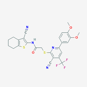 molecular formula C26H21F3N4O3S2 B460252 2-[3-cyano-6-(3,4-dimethoxyphenyl)-4-(trifluoromethyl)pyridin-2-yl]sulfanyl-N-(3-cyano-4,5,6,7-tetrahydro-1-benzothiophen-2-yl)acetamide CAS No. 496798-64-2